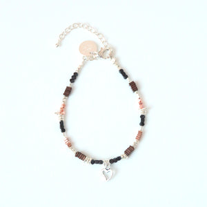 Brown Bracelet with Pyrite Sterling Silver Beads and Heart Charm