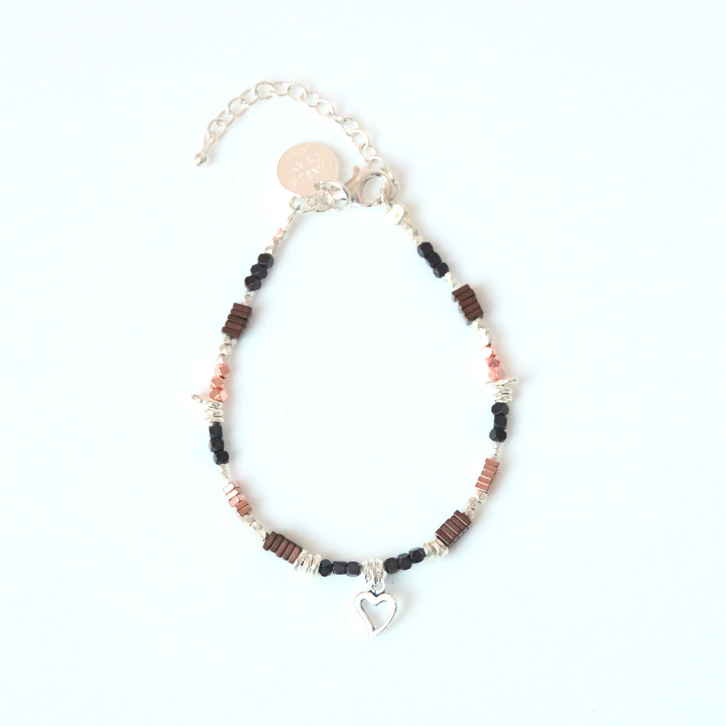 Brown Bracelet with Pyrite Sterling Silver Beads and Heart Charm