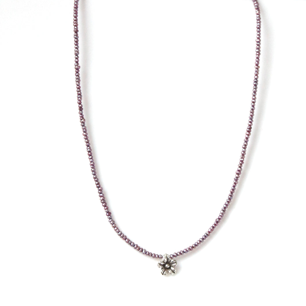 Australian Handmade Purple Necklace with Freshwater Seed Pearls and Sterling Silver Flower