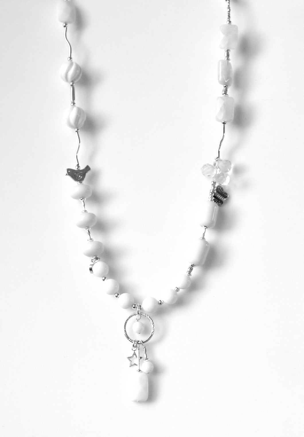 Australian Handmade White Necklace with Agate Moonstone Crystal Quartz Jade and Sterling Silver
