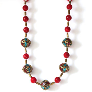 Australian Handmade Red Necklace with Coral Brass and Nepalese Beads and Sterling Silver