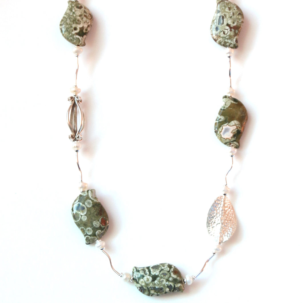 Australian Handmade Green Necklace with Rainforest Jasper Pearls and Sterling Silver