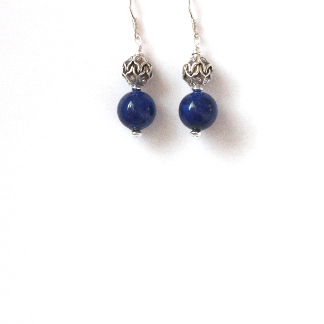 Blue Earrings with lapis Lazuli and Decorative Sterling Silver Bead