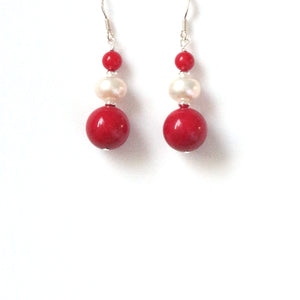 Red Coral Pearl and Sterling Silver Earrings