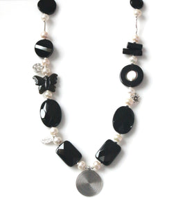 Australian Handmade Black Necklace with Onyx Obsidian Natural Black Coral Pearls and Sterling Silver