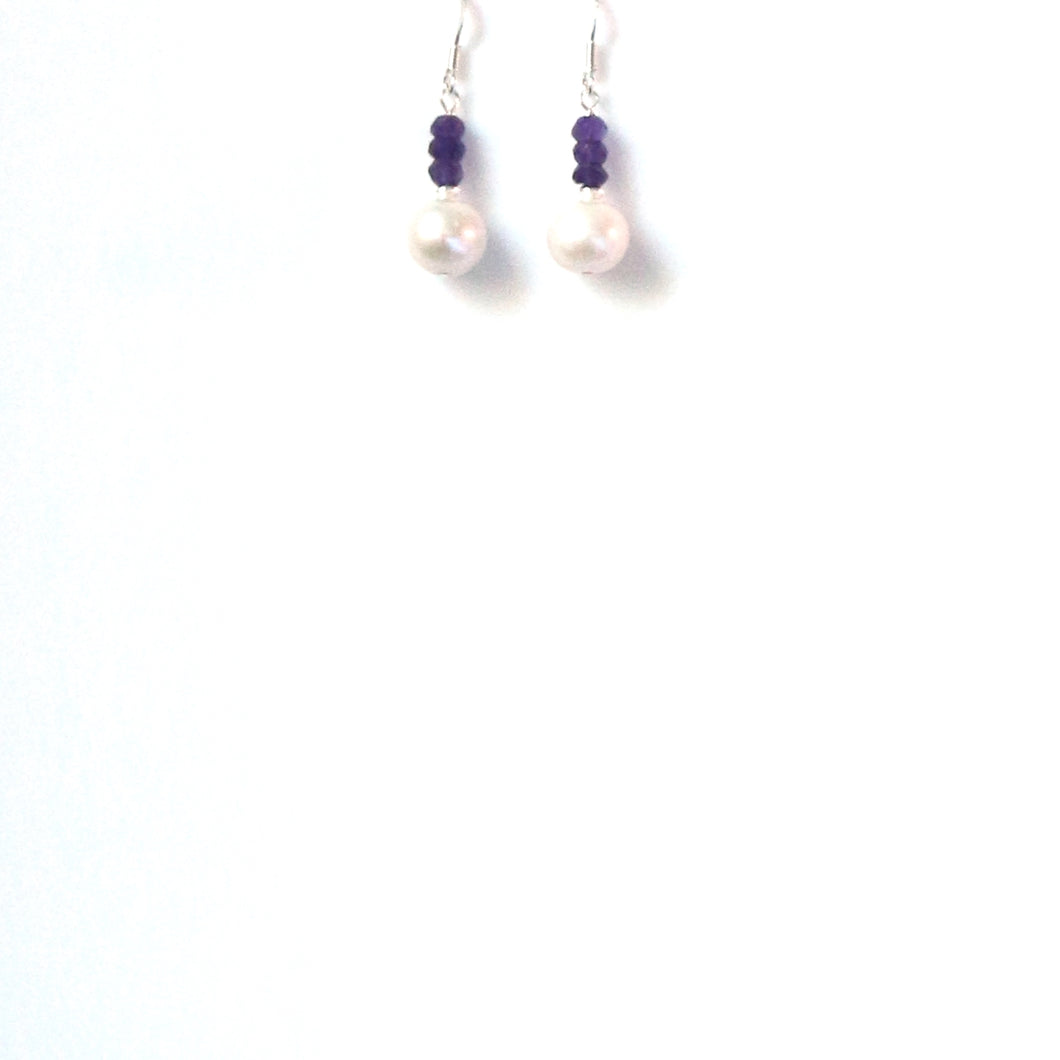 Freshwater White Pearl Earrings with Amethyst and Sterling Silver