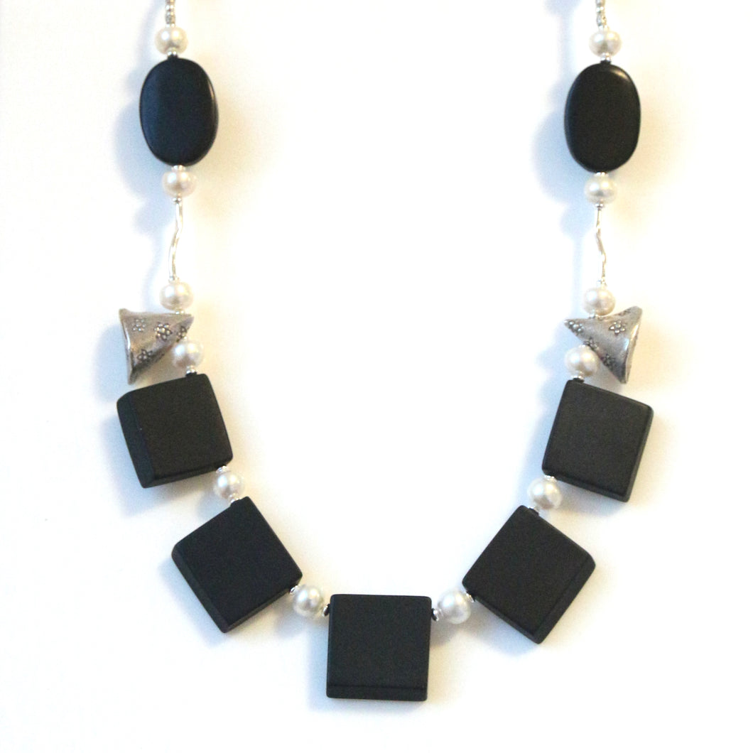 Australian Handmade Black Necklace with Matt Black Jade Pearls and Sterling Silver