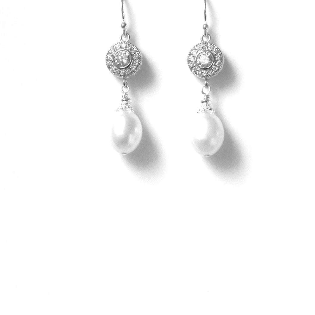 Freshwater White Pearl Earrings with Cubic Zirconia set in Sterling Silver