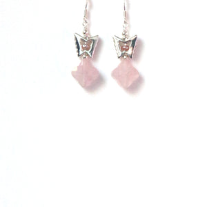 Pink Earrings with Rose Quartz Pearls and Sterling Silver Butterfly