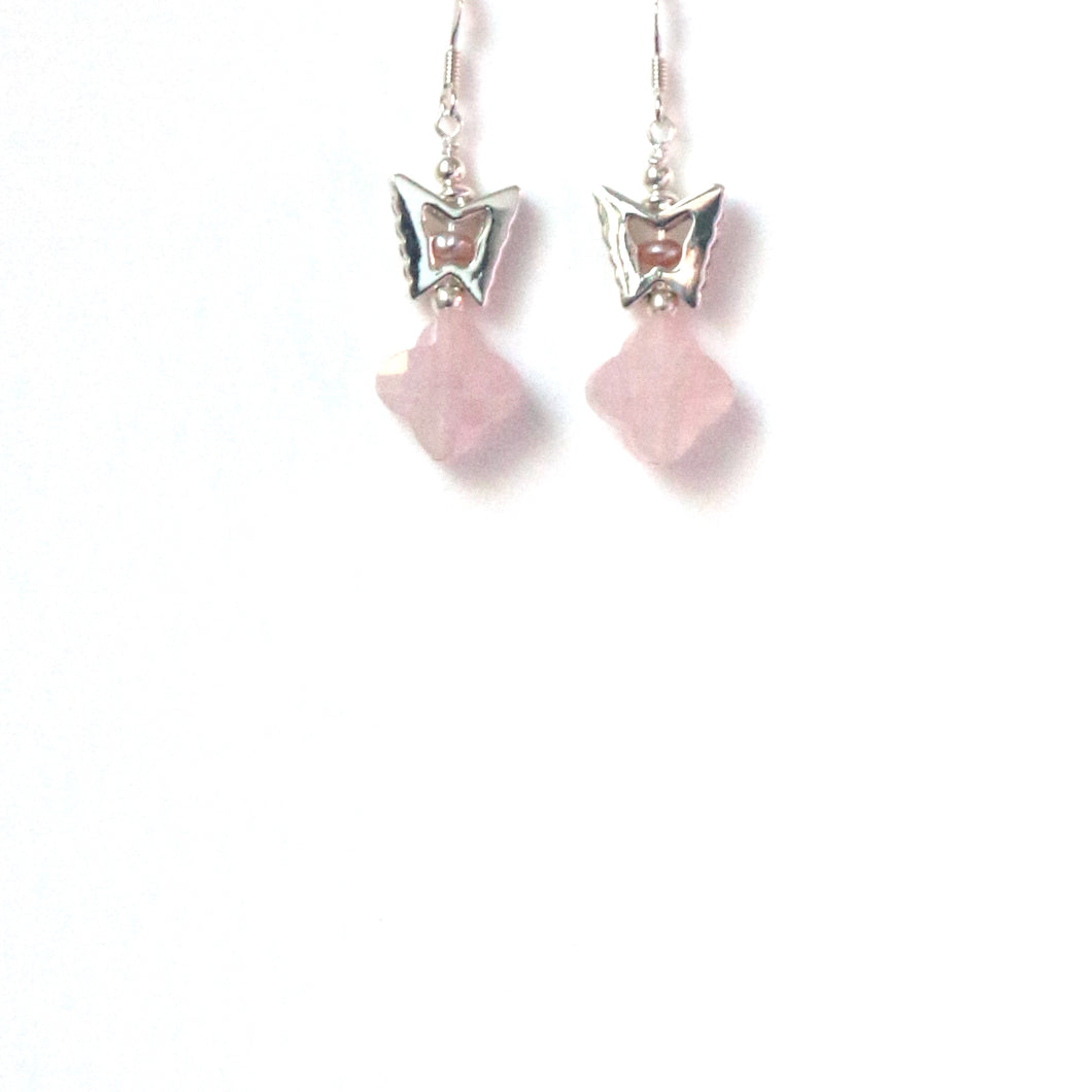 Pink Earrings with Rose Quartz Pearls and Sterling Silver Butterfly
