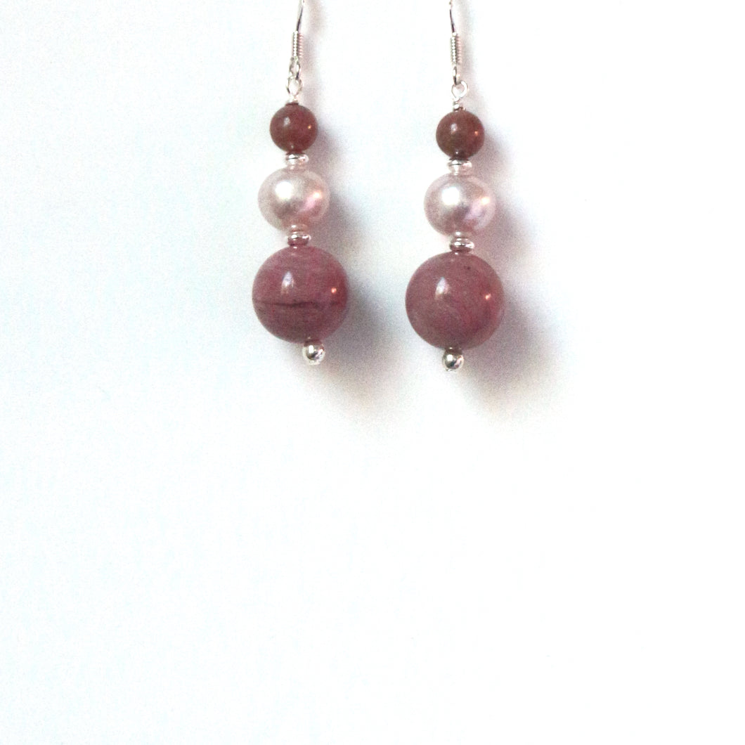 Pink Earrings with Rhodonite Natural Pink Pearls and Sterling Silver