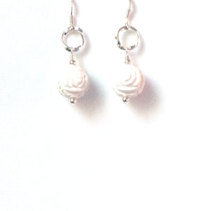 White Earrings with Carved Shell and Sterling Silver