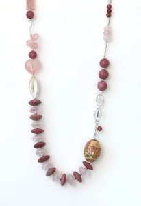 Australian Handmade Pink Necklace with Rose Quartz Rhodonite Handpainted Ceramic Bead and Sterling Silver