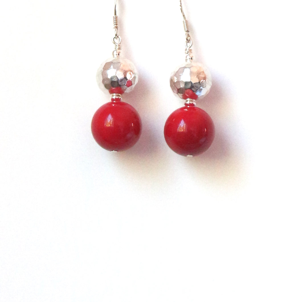 Red Coral and  Sterling Silver Earrings