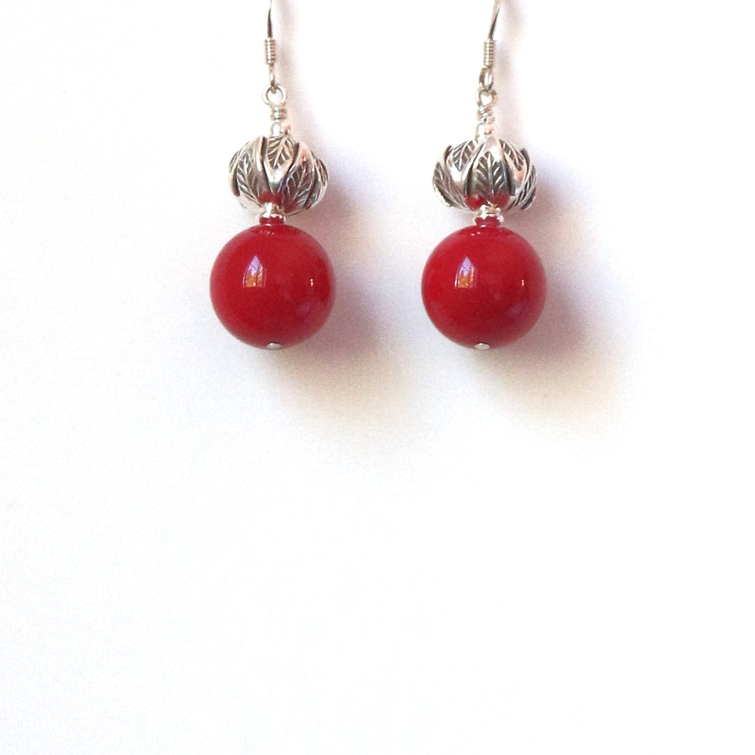 Red Coral Earrings with Decorative Sterling Silver Beads