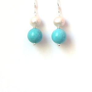 Turquoise Colour Earrings with Howlite Pearls and Sterling Silver