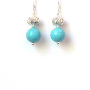 Turquoise Colour Earrings with Howlite and Decorative Sterling Silver Beads