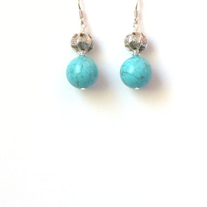 Turquoise Colour Earrings with Howlite and Decorative Sterling Silver Beads