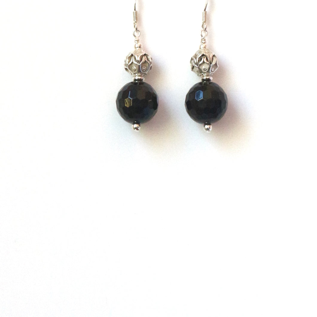 Black Onyx Faceted Earrings with Decorative Sterling Silver Beads