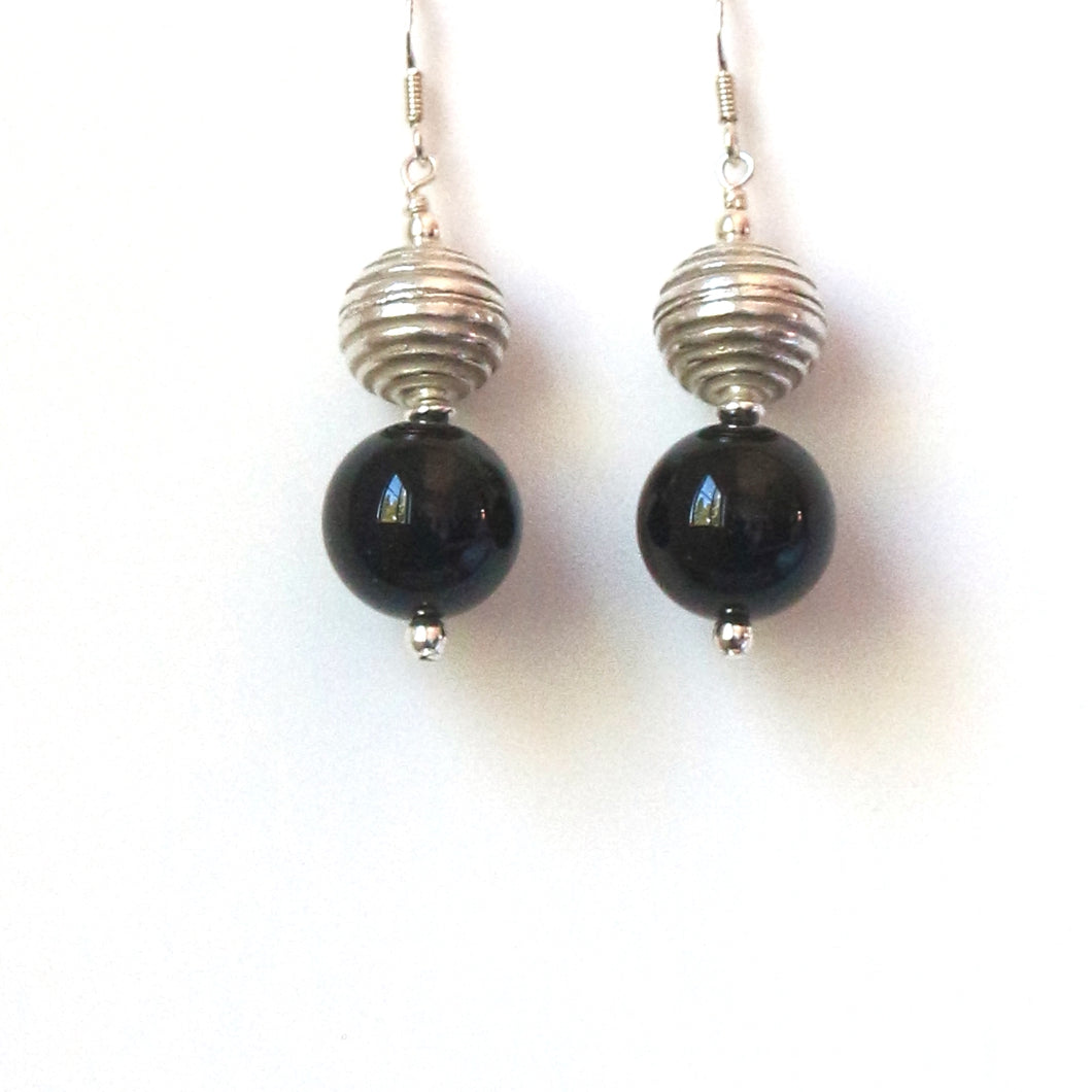 Black Onyx Faceted Earrings with Decorative Sterling Silver Beads