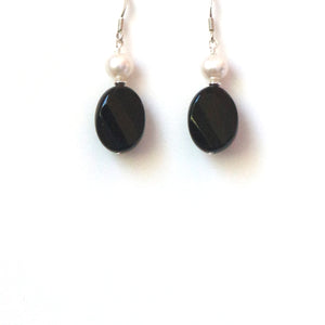 Black Onyx Faceted Earrings with Pearls and Sterling Silver