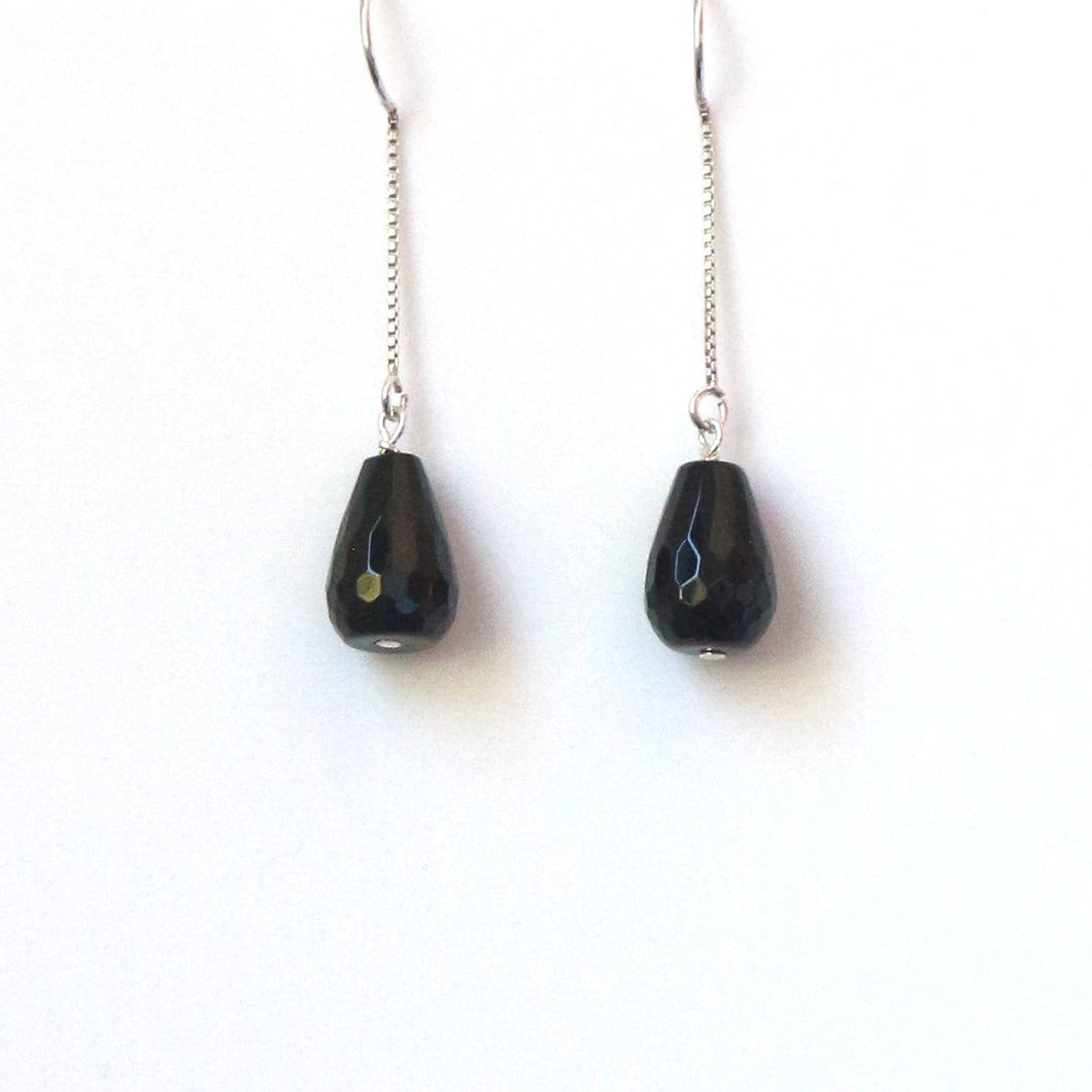 Black Onyx Faceted Earrings with Sterling Silver Chain Threader