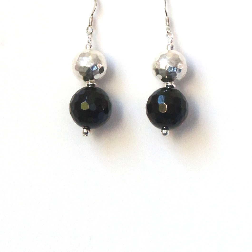 Black Onyx Faceted Earrings with Beaten Sterling Silver Beads