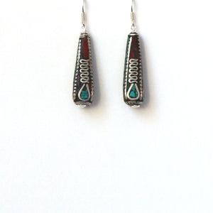 Nepalese Bead Earrings inlaid with Coral and Turquoise