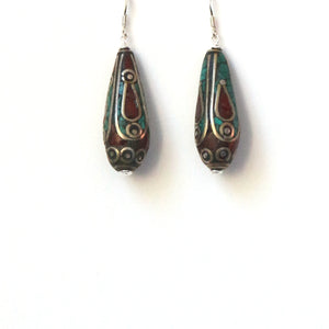 Nepalese Bead Earrings inlaid with Coral Turquoise and Sterling Silver