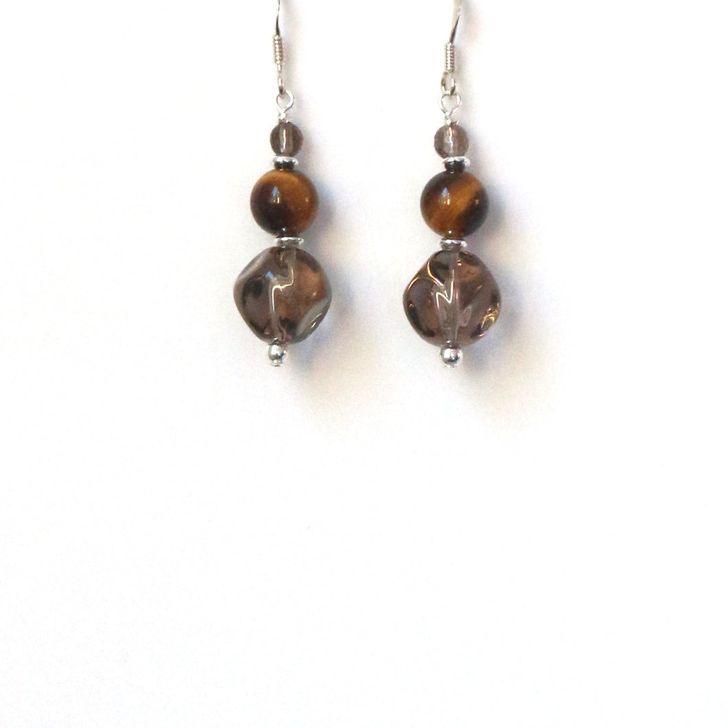 Brown Earrings with Smoky Quartz Tigers Eye and Sterling Silver
