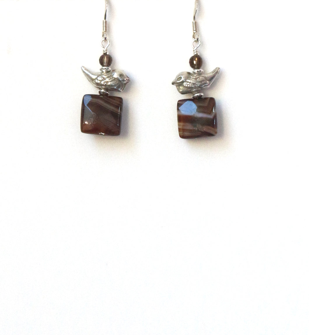 Brown Earrings with Faceted Stripey Agate Smoky Quartz and Sterling Silver Birds