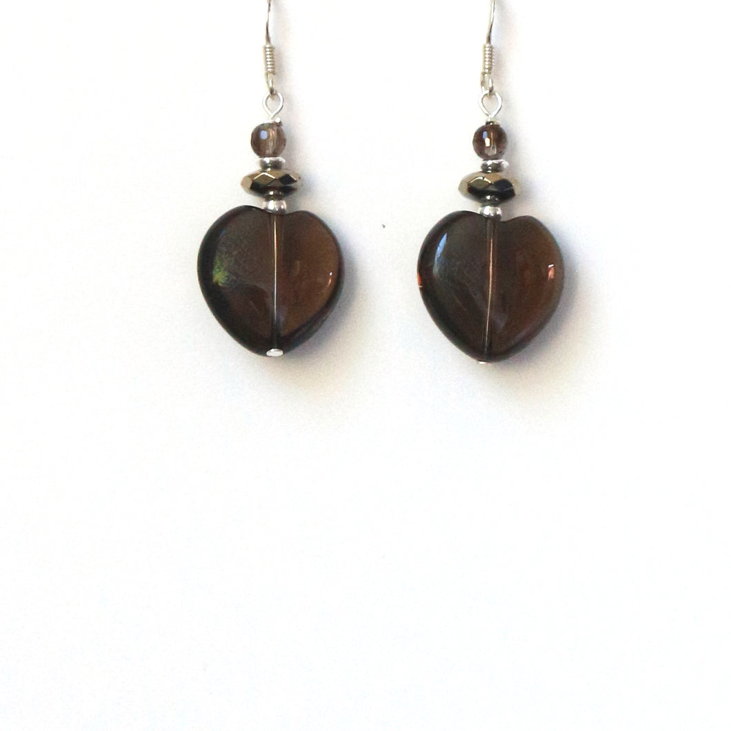 Brown Earrings with Smoky Quartz Hearts Pyrite and Sterling Silver