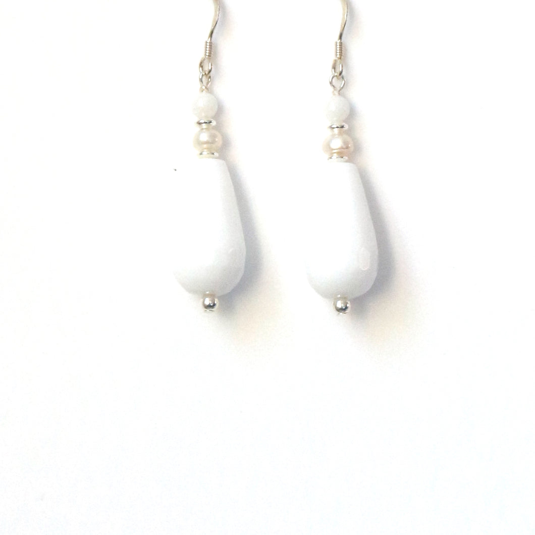 White Agate Teardrop Pearl and Sterling Silver Earrings