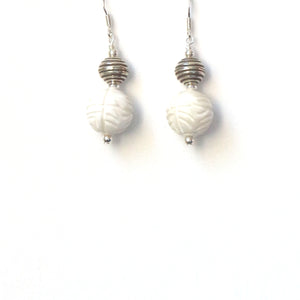 White Earrings with White Carved Giant Clam Shell and Decorative Sterling Silver Beads