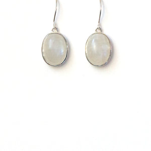 White Oval Rainbow Moonstone set in Sterling Silver Earrings