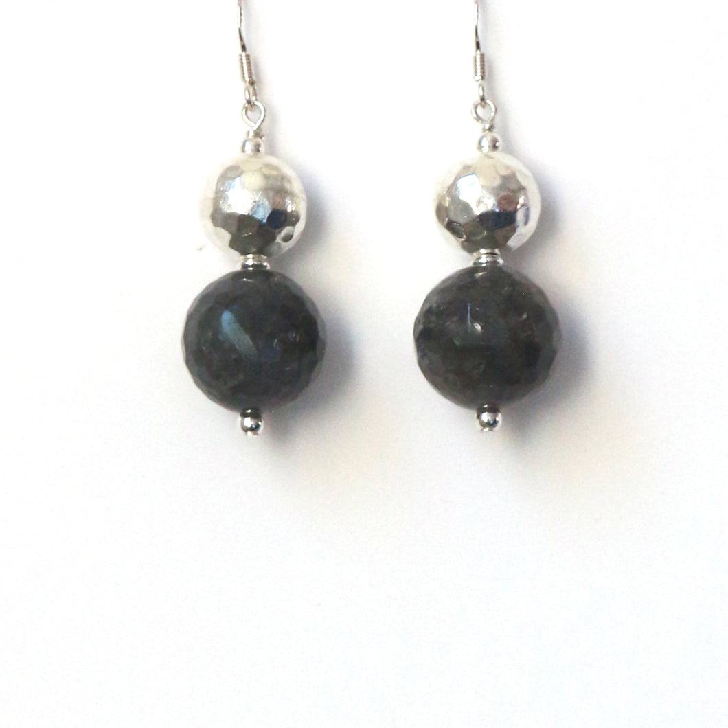 Grey Earrings with Faceted Rutile Quartz and Beaten Sterling Silver Ball