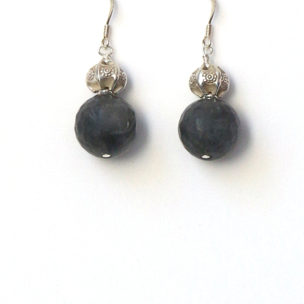 Grey Earrings with Faceted Grey Rutile Quartz and Decorative Sterling Silver Beads