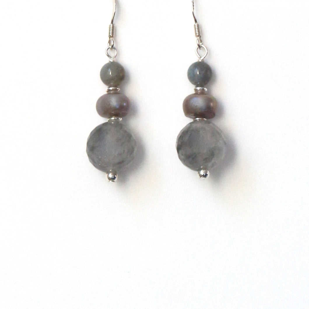 Grey Earrings with Grey Rutile Quartz Pearls Labradorite and Sterling Silver