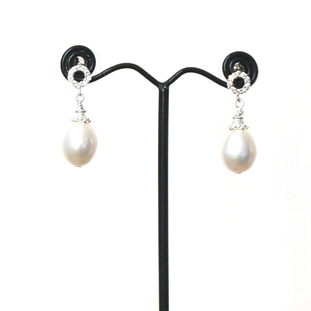 Freshwater White Pearl Stud Earrings with Cubic Zirconia and Sterling Silver