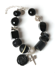Black Bracelet with Onyx Black Natural Coral Agate Cinnabar and Sterling Silver