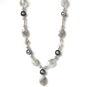 Australian Handmade Grey Necklace with Grey Rutilated Quartz Hematite Grey Pearls and Sterling Silver