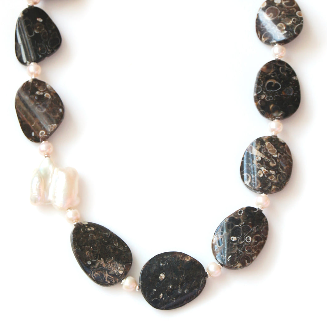Australian Handmade Brown Necklace with Turritella Agate Pearls and Baroque Pearl
