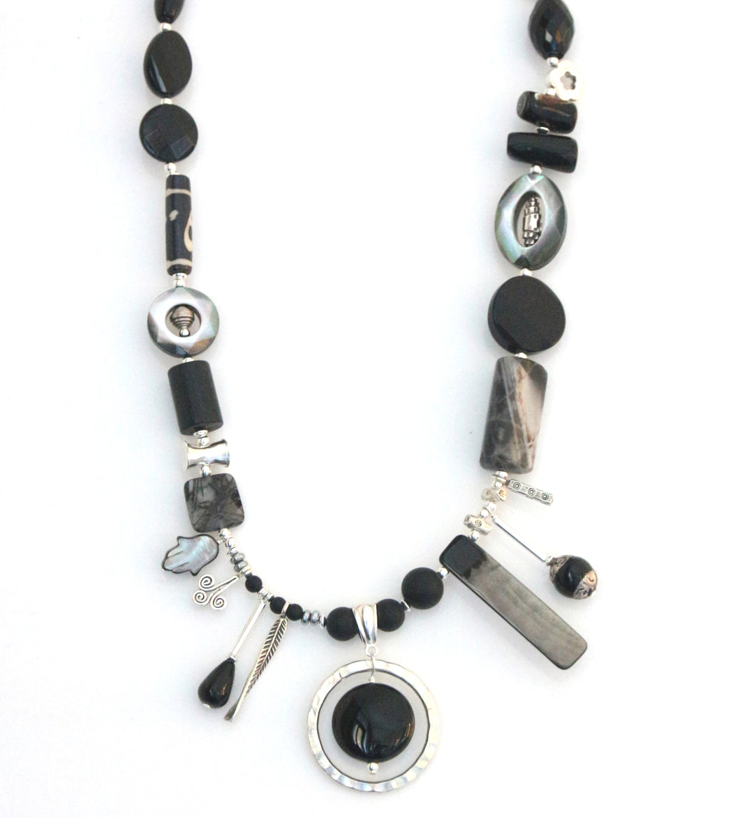 Australian Handmade  Black Necklace with Mother Of Pearl Jasper Matt Black Jade Tibetan Bead and Sterling Silver