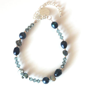 Blue Bracelet with Pearls Swarovski Crystals and Sterling Silver