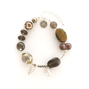 Brown Bracelet with Smoky Quartz Tigers Eye Pearls Afghani Bead Pyrite and Sterling Silver