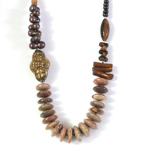 Australian Handmade Brown Necklace with Brass Beads Pearls Jasper Tigers Eye and Natural Gold Coral