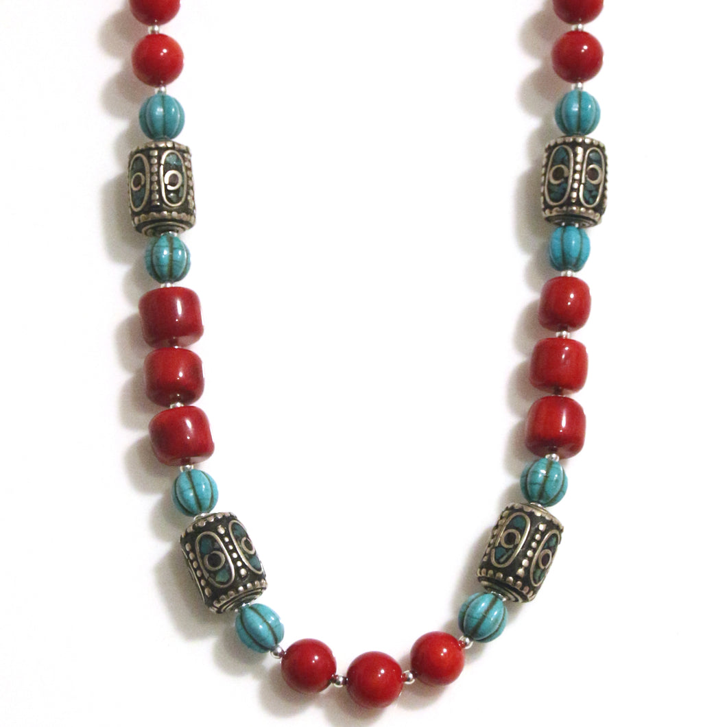 Australian Handmade Red Coral Bead Necklace with Howlite and Nepalese Beads