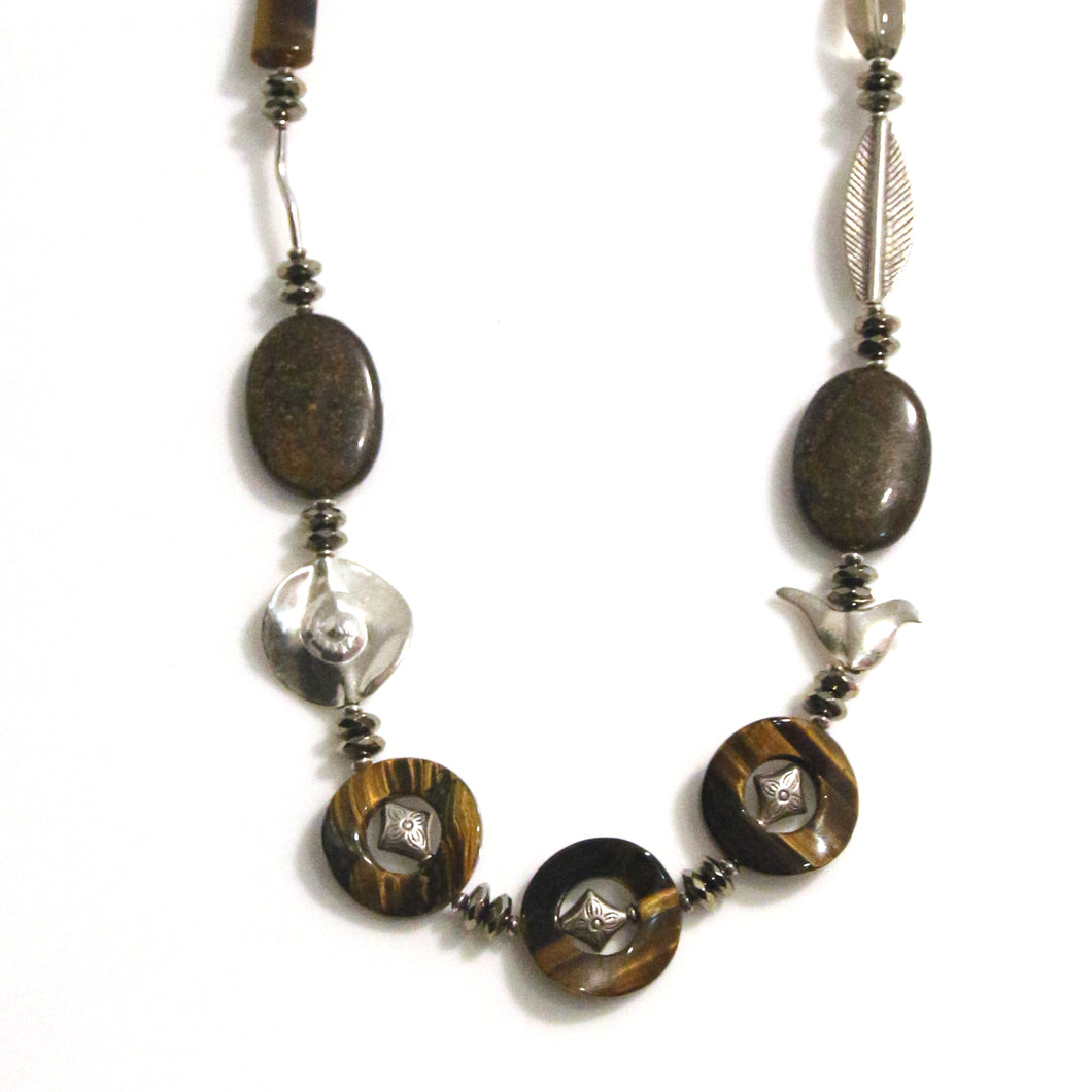 Australian Handmade Brown Necklace with Tigers Eye Pyrite Smoky Quartz Bronze and Sterling Silver