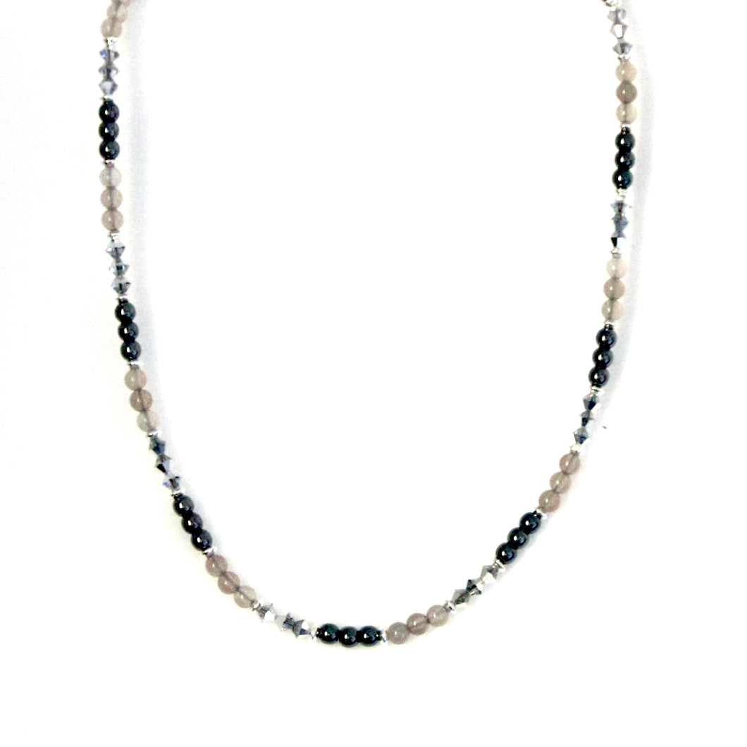 Australian Handmade Grey Necklace with Agate Hematite Swarovski Crystal and Sterling Silver