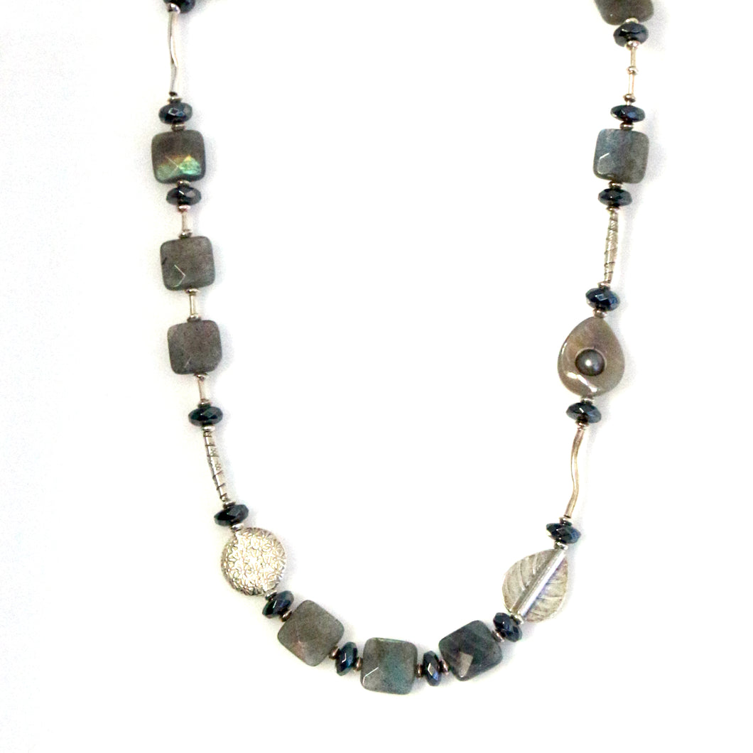 Australian Handmade Grey Necklace with Labradorite Hematite Agate and Sterling Silver